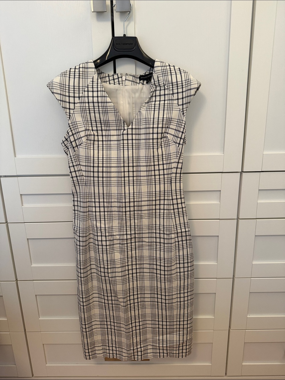 Banana Republic Black & White Plaid Cap-Sleeve Midi Dress
